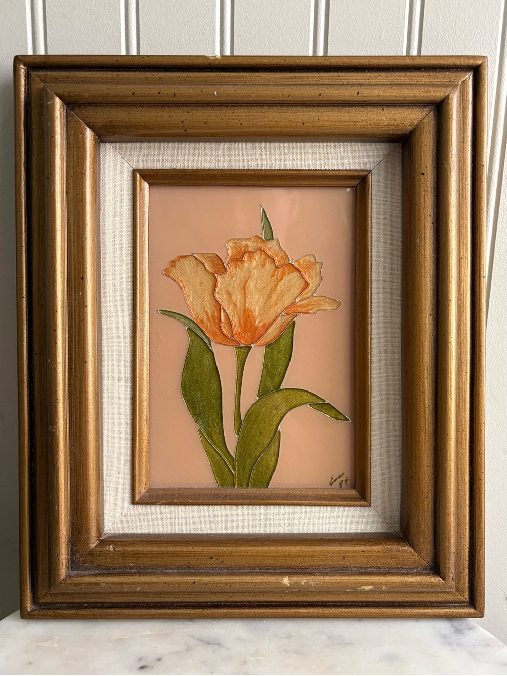 Vintage Tulip Flower Foil Painting Orange & Peach Framed & Signed ‘94 VTG Floral